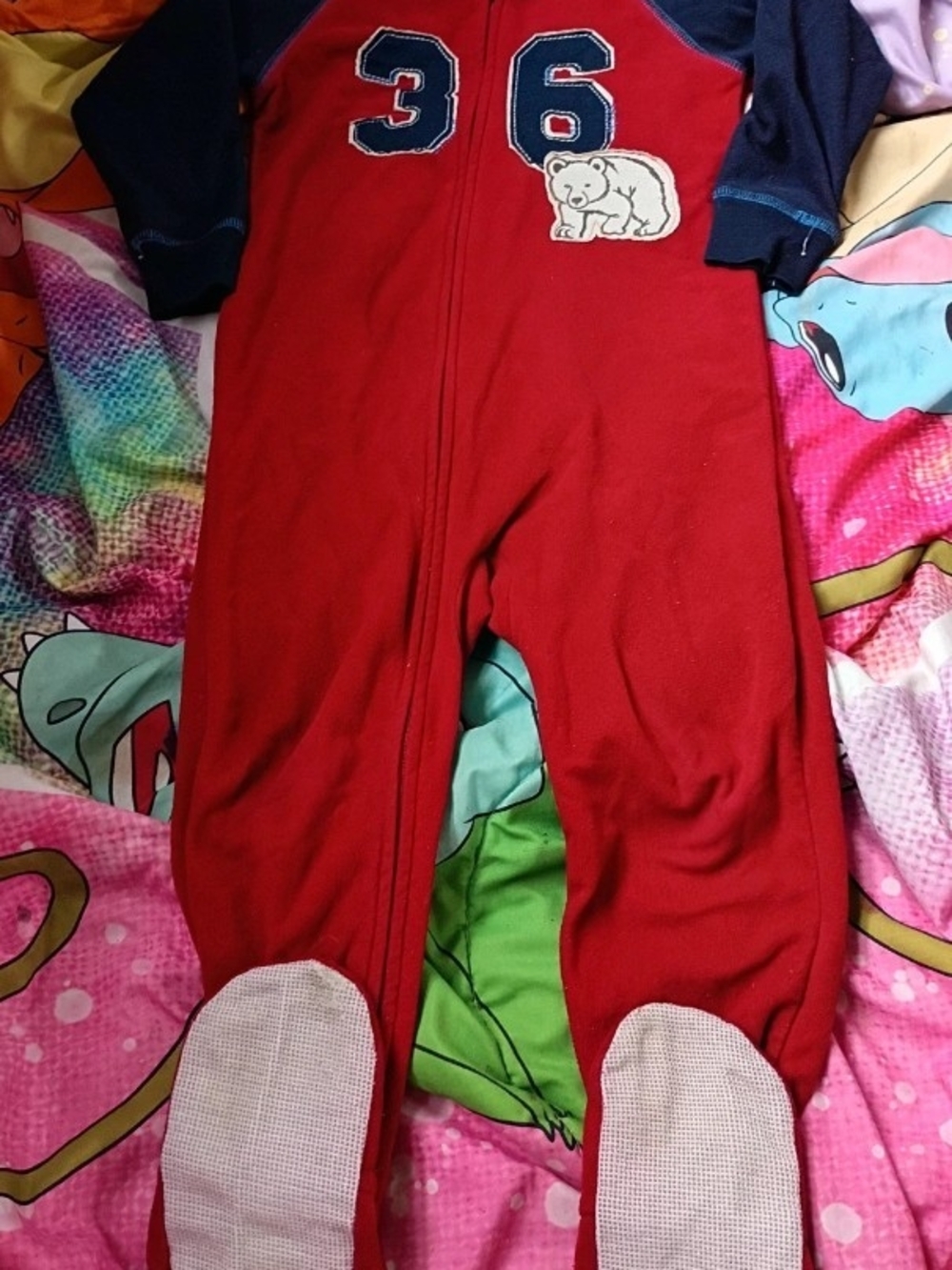 Carter's Red Footed One-Piece Pajamas with Navy Sleeves and Bear Patch